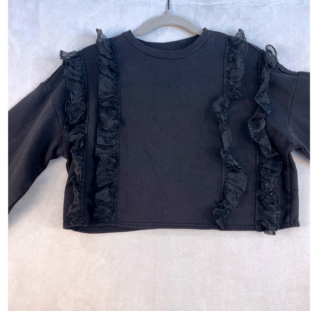 H&M Divided Womens Black Ruffle Trim Cropped Sweatshirt Size S Crew Neck Fleece